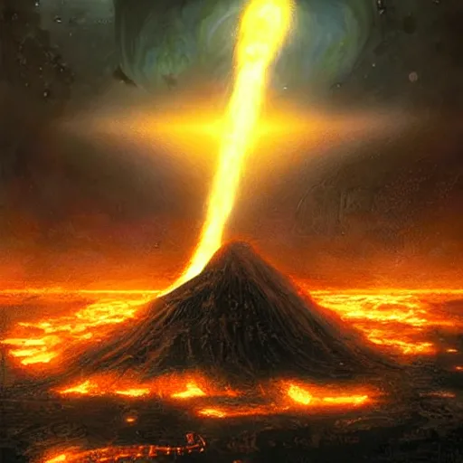 Image similar to a volcanic planet concept art by Doug Chiang