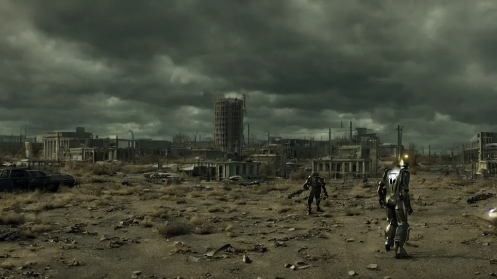 Prompt: fallout 3, film still from the movie directed by Denis Villeneuve with art direction by Salvador Dalí, wide lens