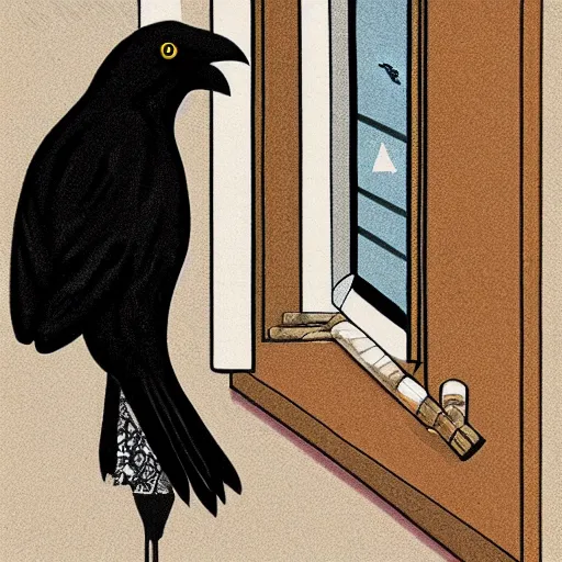 Prompt: a crow wearing a bathrobe standing near a window smoking a cigar, detailed and refined digital Adobe Photoshop drawing, 1992