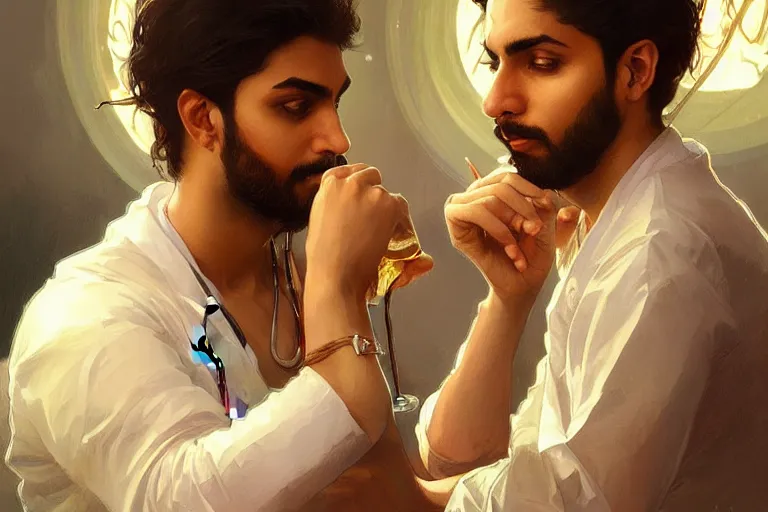 Image similar to Anxious good looking pale young Indian doctors drinking, portrait, elegant, intricate, digital painting, artstation, concept art, smooth, sharp focus, illustration, art by artgerm and greg rutkowski and alphonse mucha