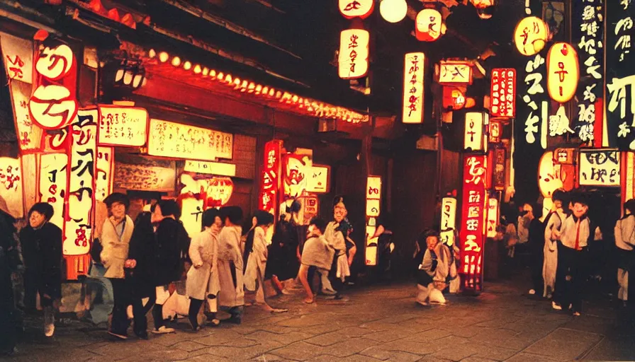 Image similar to impactful photography by haruto hoshi and yang seung woo and saul leiter, flash photography of night life in kabuki cho japan, full color, shot on kodak gold with a canon 3 5 mm lens aperture f / 8, hyperrealistic