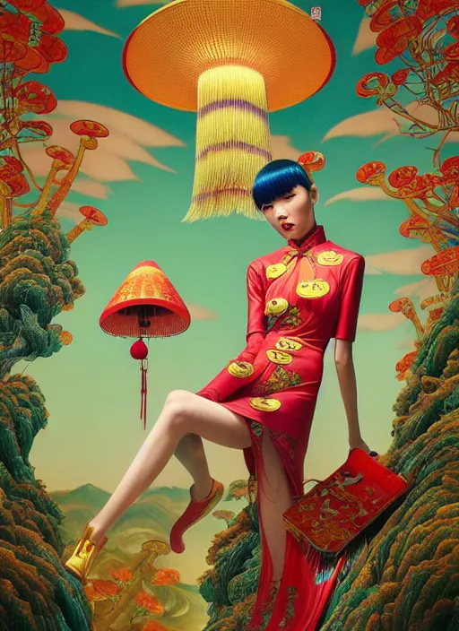 Image similar to pretty chinese model with hallucination mushroom : : by martine johanna and simon stalenhag and chie yoshii and casey weldon and wlop : : ornate, dynamic, particulate, rich colors, intricate, elegant, highly detailed, centered, vogue, harper's bazaar art, fashion magazine, smooth, sharp focus, octane render, 8 k