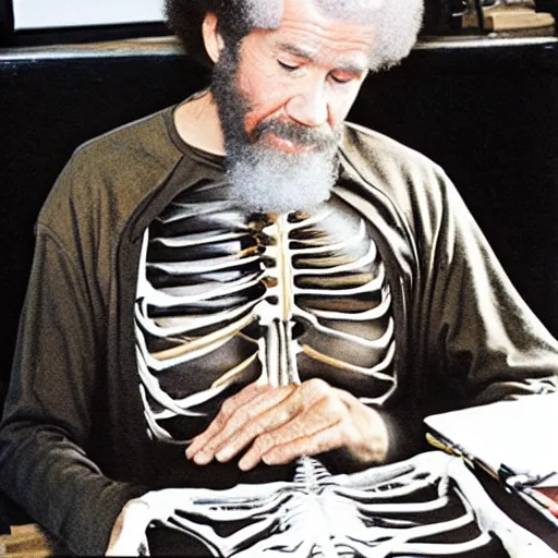 Prompt: bob ross painting a skeleton