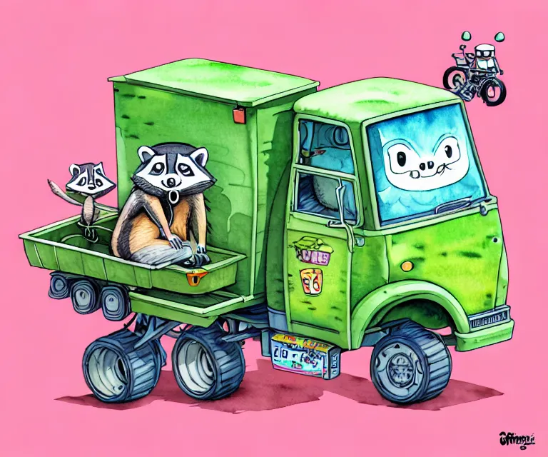 Image similar to cute and funny, racoon riding in a tiny garbage truck, ratfink style by ed roth, centered award winning watercolor pen illustration, isometric illustration by chihiro iwasaki, edited by range murata, tiny details by artgerm and watercolor girl, symmetrically isometrically centered, sharply focused