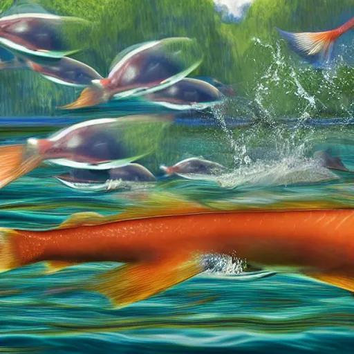 Image similar to salmon jumping out of the water on a sunny day in surrealism style