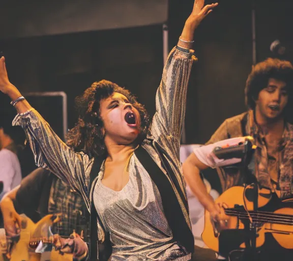 Prompt: photo of singer singing in an brazil 1 9 8 0 big concert, and people enjoying the show, color photo, colored, ( sony a 7 r iv, symmetric balance, photolab, lightroom, 4 k, dolby vision, photography award )