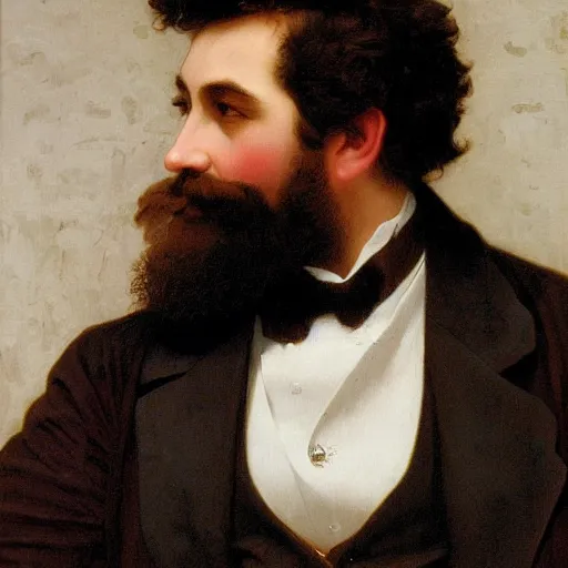 Prompt: detailed portrait painting of gentleman fantasy dwarf wearing brown tuxedo by William-Adolphe Bouguereau