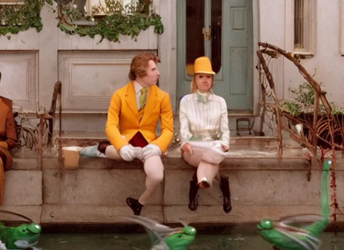 Prompt: movie still of a wes anderson movie about frogs