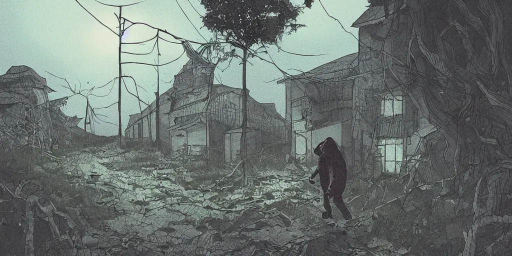 Image similar to beautiful tense illustration of an apocalyptic scene, a man sneaking through an abandoned rural modern village, stephen king atmosphere, 1 9 8 0 s japanese illustrator art, award winning