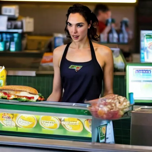 Prompt: Photo of Gal Gadot working the counter at Subway.