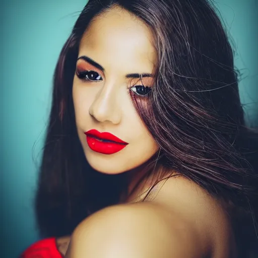 Prompt: “beautiful Latina woman, unusually muscular, red lipstick, red dress, 50mm, bokeh, studio lighting, professional photography,”