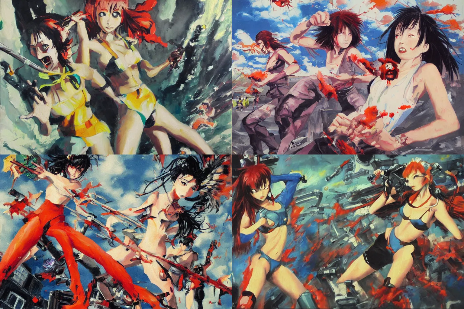 Prompt: oil painting, yoji shinakawa, studio gainax, girl fighting zombies, action shot