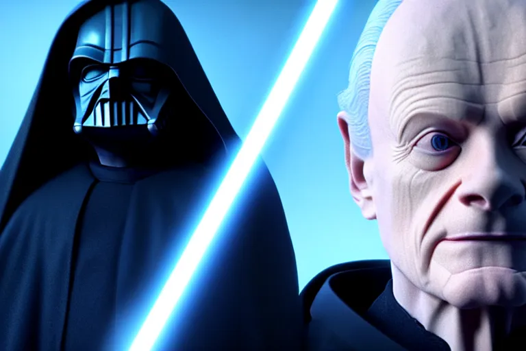 Image similar to a cinematic still of (Ian McDiarmid!!!) as palpatine, wearing sith hood, Ian McDiarmid, ((octane render, nvidia raytracing demo)), ((((lightning)))), masterpiece