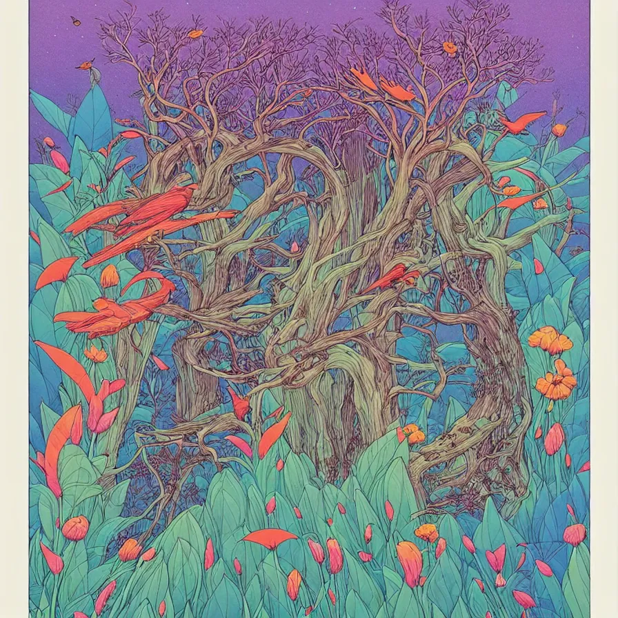 Prompt: ( ( ( beautiful strange forest and flowers and birds ) ) ) by mœbius!!!!!!!!!!!!!!!!!!!!!!!!!!!, overdetailed art, colorful, record jacket, cover art design, decorative frame