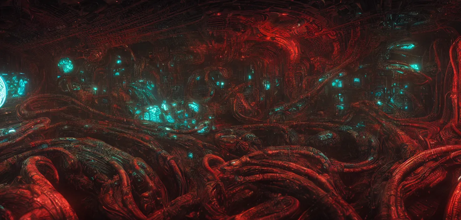 Image similar to Prometheus biological sci-fi environment set close-up hologram, ship control panel close-up, in a nightmarish universe of odd forms and somber tapestry, HR Giger and Vincent Di Fate, vivid color scheme, featured in artstation, octane render, cinematic, elegant, intricate, 8k