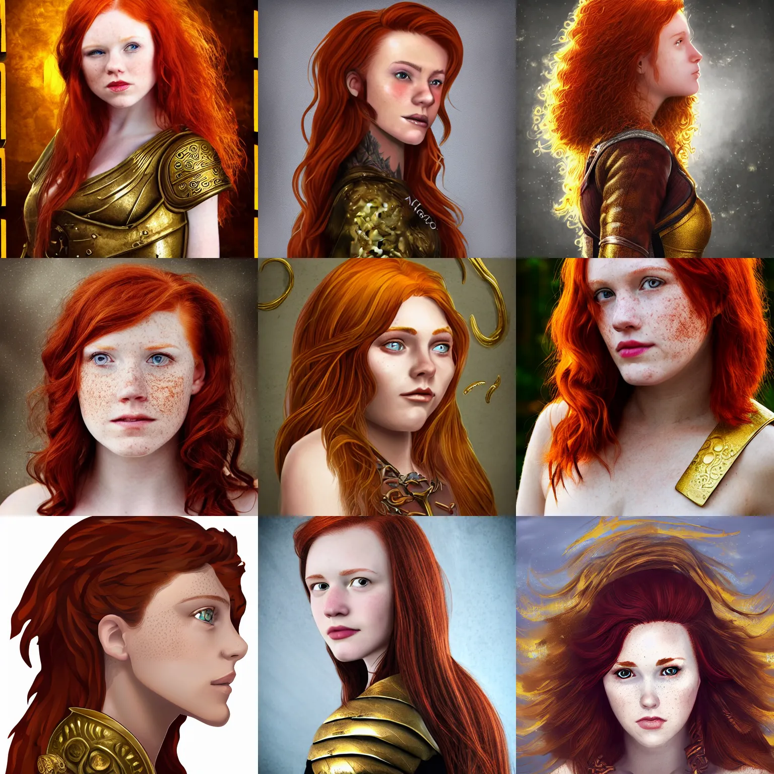 Prompt: a profile picture of a sweet redheaded young woman with freckles like brass scales, wavy shoulder-length hair, gold eyes, headshot, dungeons and dragons, digital art, D&D,