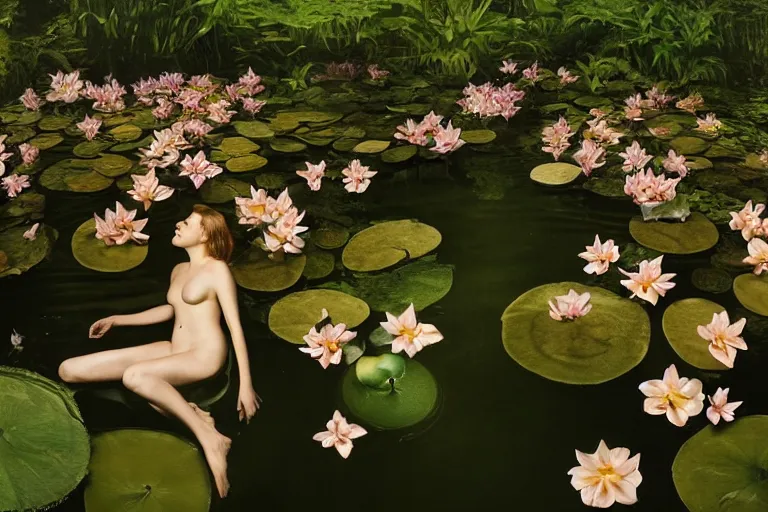 Prompt: hyperrealistic cinematic photograph of a woman's face floating in a pond, surrounded by a forrest of lillies, deep focus, intricate, elegant, highly detailed, matte, sharp focus, photography by bill henson and gregory crewdson and james jean