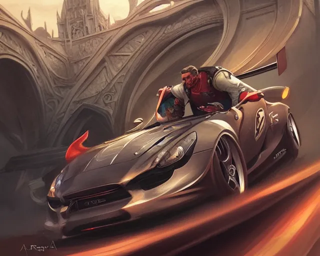 Image similar to sports car race directed by steven spielberg, deep focus, d & d, fantasy, intricate, elegant, highly detailed, digital painting, artstation, concept art, matte, sharp focus, illustration, hearthstone, art by artgerm and greg rutkowski and alphonse mucha