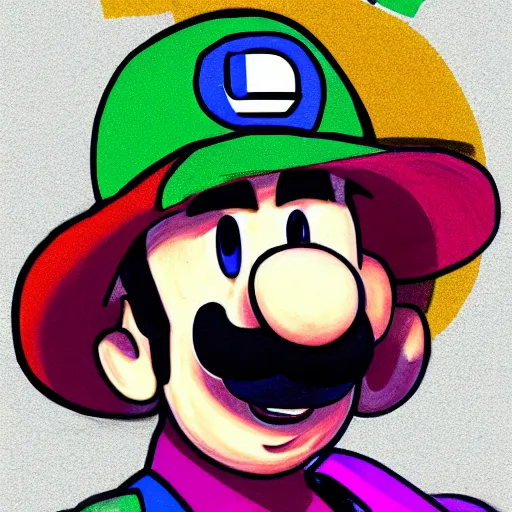 Prompt: Portrait of Luigi drawn by Randy Bishop, 8k, trending on artstation, detalied, colorful,