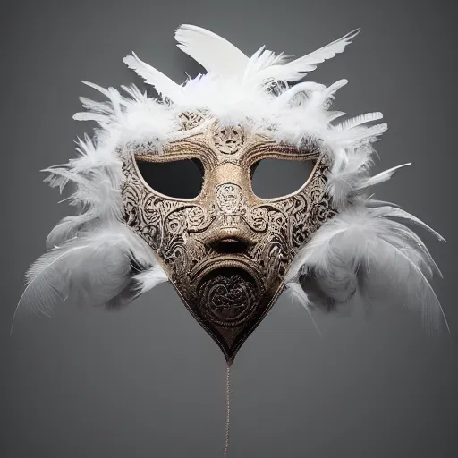 Image similar to an elaborate intricate mask made of feathers caught is a cloud vortex, rendered in octane, behance hd, bokeh backdrop