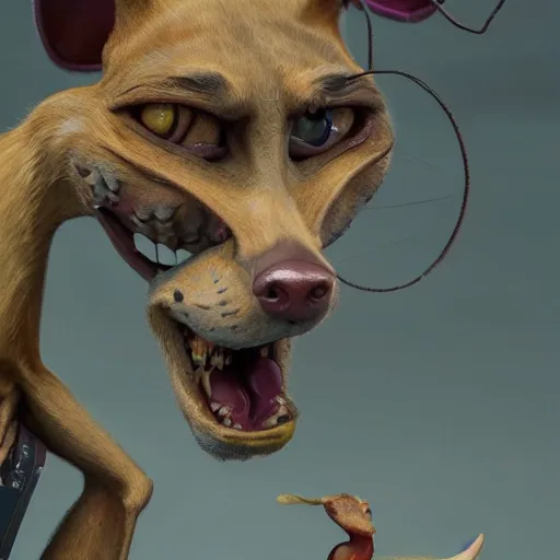Image similar to hyperrealistic mixed media image of courage the cowardly dog, stunning 3 d render inspired art by istvan sandorfi and greg rutkowski, perfect facial symmetry, realistic, highly detailed attributes and atmosphere, dim volumetric cinematic lighting, 8 k octane extremely hyper - detailed render, post - processing, masterpiece,