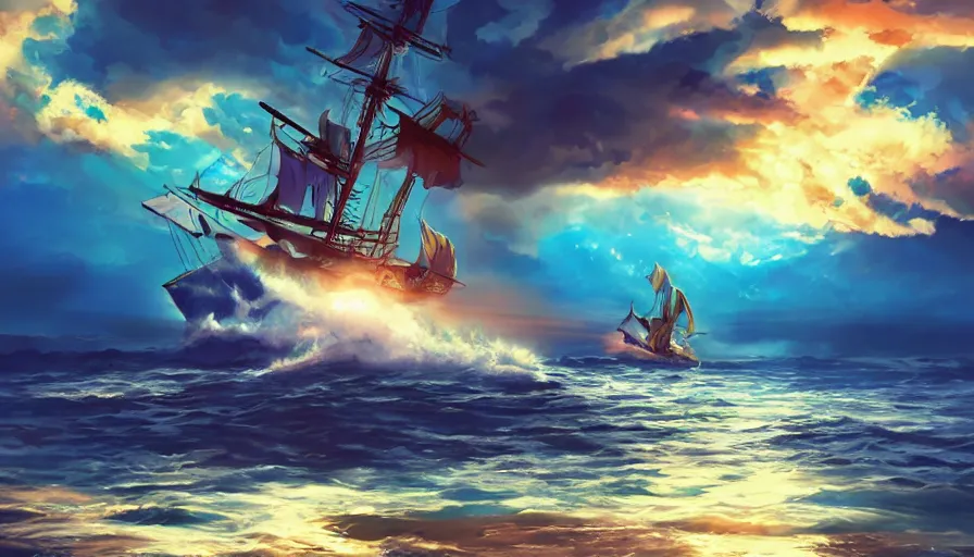 Prompt: one piece ship sailing, dynamic blue sky, storm sky, sun sunset, with blue light piercing through clouds, makoto shinkai, royal blue colors, lighting refraction, volumetric lighting, pixiv art, highly detailed, anime art, symmetrical, wlop, anime art