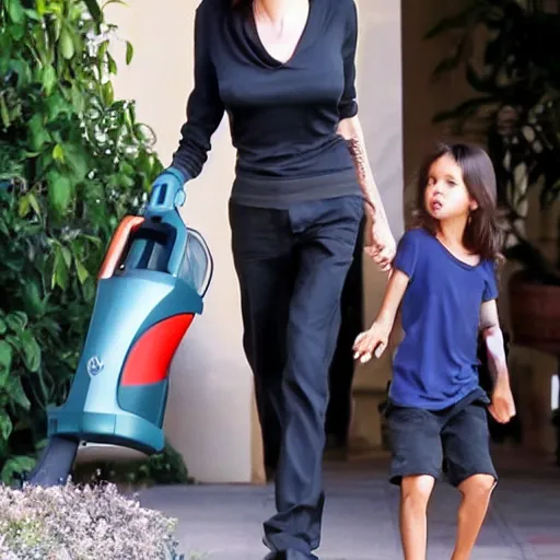 Prompt: angelina jolie using a vacuum