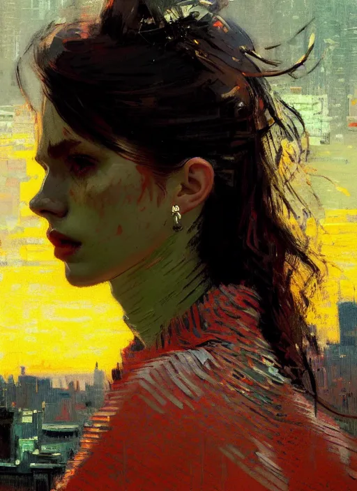 Prompt: portrait of a beautiful girl, new york backdrop, sad, sunset shades, beautiful face, rule of thirds, intricate outfit, spotlight, by greg rutkowski, by jeremy mann, by francoise nielly, by van gogh, digital painting