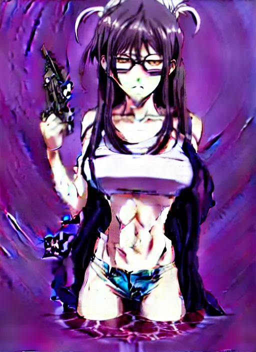 Image similar to style of madhouse studio anime, rei hiroe black lagoon manga, loish, artgerm, joshua middleton comic art, portrait of revy from black lagoon, purple hair, chinese, symmetrical eyes and symmetrical face, jean shorts, white tank top, waist up, sarcastic evil smirk on face, natural lighting, sky and ocean background