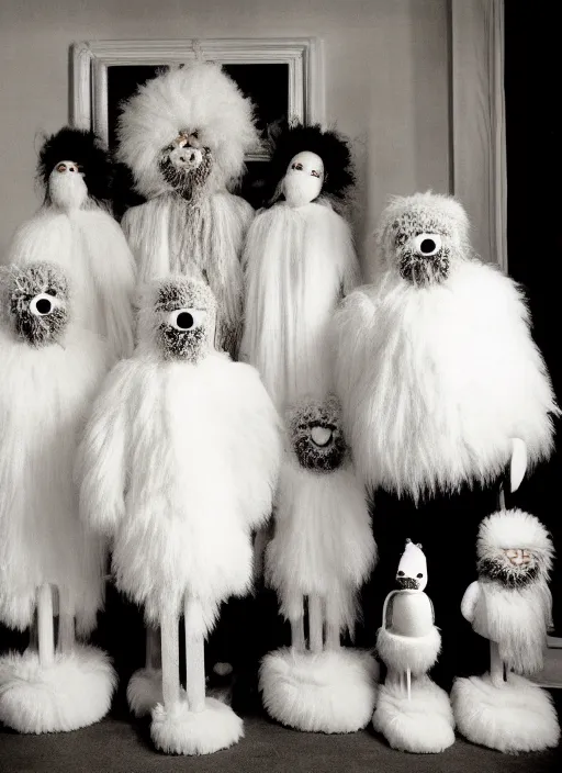 Prompt: realistic photo of the family wearing fluffy hairy masks, faceless, no face, white fluffy cotton shorts, white fluffy cloak, polished and fancy, standing in the wooden room full of wooden bird idol sculptures 1 9 9 0, life magazine reportage photo