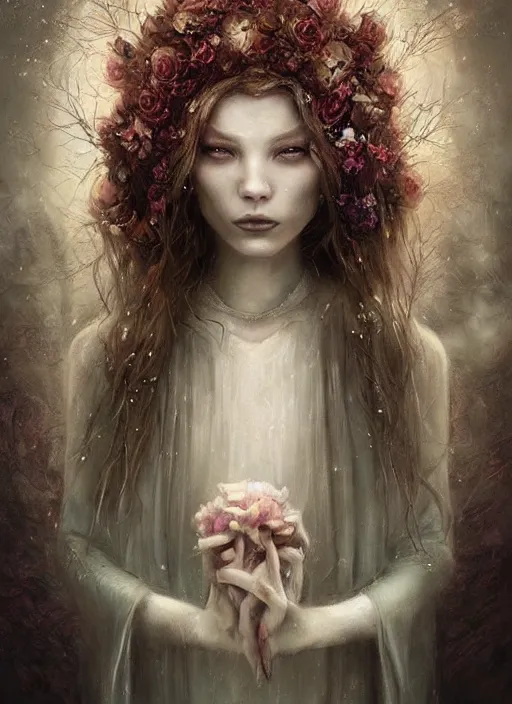 Image similar to a gorgeous flower princess portrait by Seb McKinnon and WLOP, artgerm , ultra realistic, mystical, ominous, cgsociety