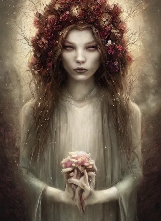 Prompt: a gorgeous flower princess portrait by Seb McKinnon and WLOP, artgerm , ultra realistic, mystical, ominous, cgsociety