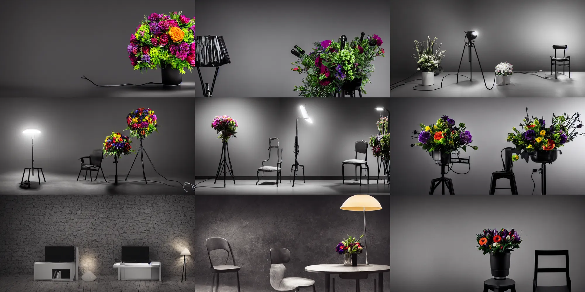 Prompt: detailed studio photograph, wide angle, black background!!!! pitch black! studio setting, darkness, high quality, elegance, tv production, pitch black background, single chair, standing lamp luxury, famous designer lamp, single chair, tall colorful flower bouquet oppulent