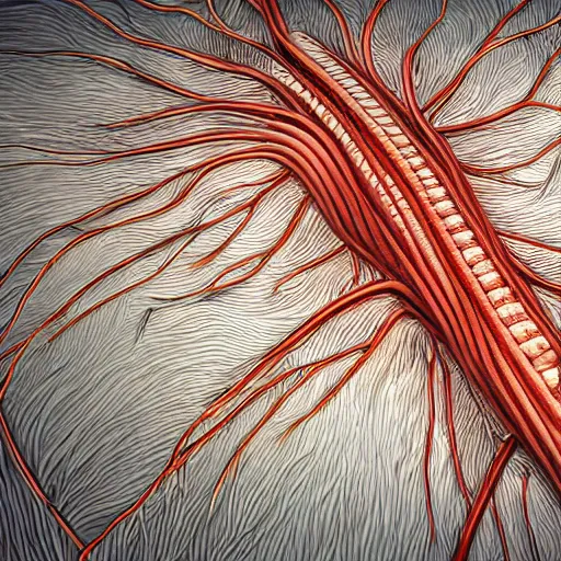 Image similar to detailed photorealistic artist's illustration of a myofibril muscle fibre mechanism, highly detailed, 4 k