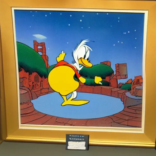 Image similar to donald duck, in a lost ancient city, by carl barks, atmospheric lights