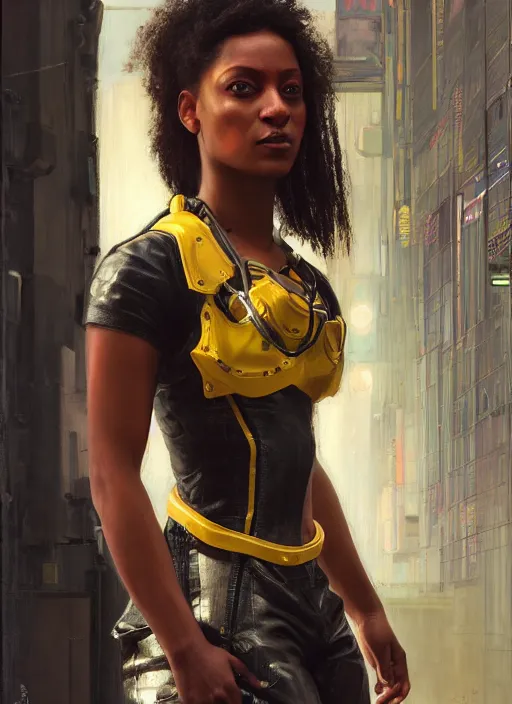 Prompt: Maria Igwe. Beautiful Feminist Cyberpunk mechanic with robotic legs. (Cyberpunk 2077, bladerunner 2049). Iranian orientalist portrait by john william waterhouse and Edwin Longsden Long and Theodore Ralli and Nasreddine Dinet, oil on canvas. Cinematic, vivid colors, hyper realism, realistic proportions, dramatic lighting, high detail 4k