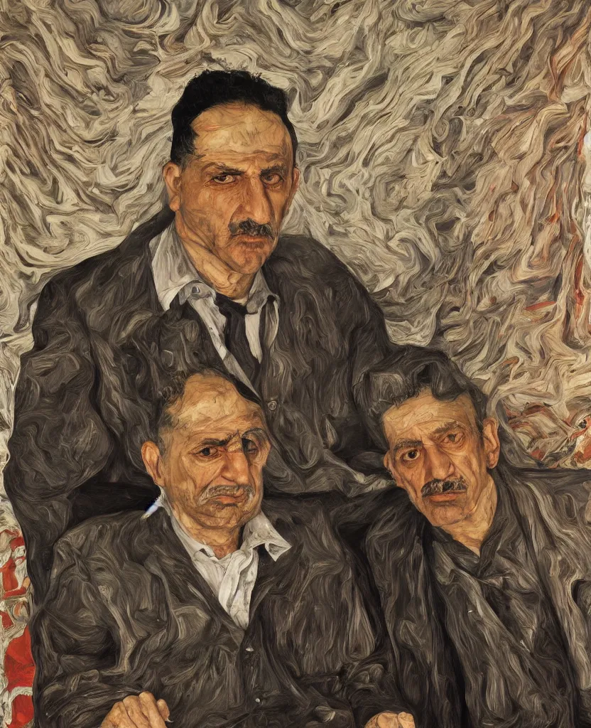 Image similar to high quality, high detail, realistic portrait of bahram beyzai, painted by lucian freud, dramatic lighting, cinematic composition