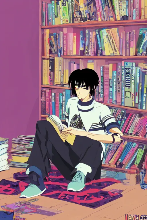 Prompt: anime goth guy sitting on the floor of a cluttered 9 0 s bedroom reading a book, vaporwave colors, lo - fi, concept art, smooth, detailed, toon shading, cel shading, animation, 4 k, hd,