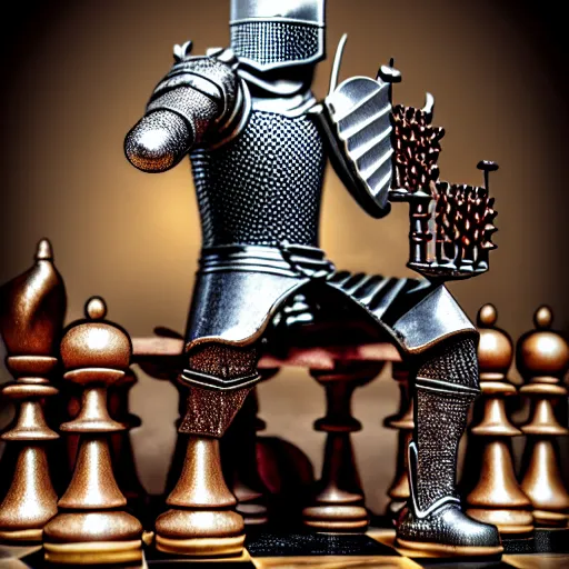 Image similar to medieval knight with spiky hair playing chess, highly intricate steampunk, chess knight, photorealistic, hyperrealism, beautiful, high resolution