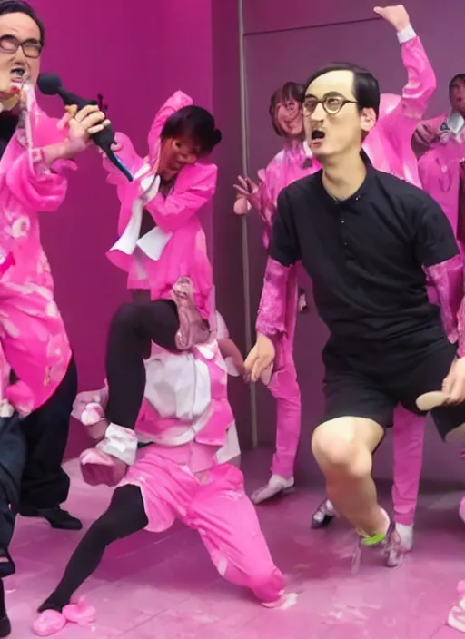 Image similar to goji singing in an scenario while filthy frank dances next to him in a pink outfit