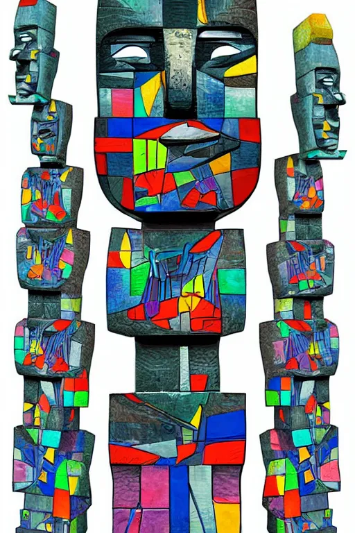 Image similar to cubist moai statue cutout digital illustration cartoon colorful beeple