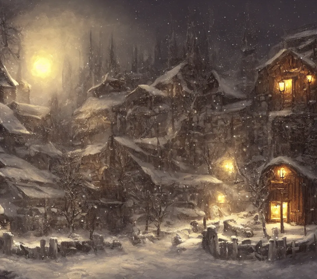 Image similar to The Jarl's tavern, winter night, by Joseph Feely. Epic landscape Environmental concept