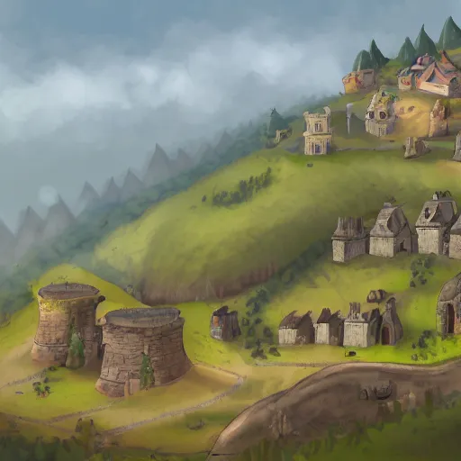 Image similar to d & d phandalin small rough and tumble town with a few cozy stone buildings along the main road. in the background on a hill is a ruined stone keep. forested area surrounds the town. view from the main road. high detail, 4 k, painting concept art
