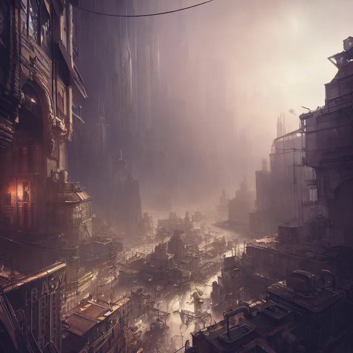 Image similar to inside an etheral dieselpunk city, highly detailed, 4k, HDR, award-winning, octane render, trending on artstation, volumetric lighting