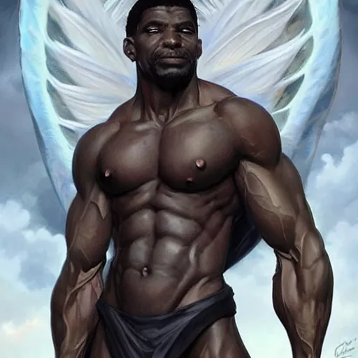 Image similar to wow! fanart, beautiful muscular black man with white hair and a protruding jaw, with visible pectoral muscles, d & d, high fantasy, detailed, digital art, artstation, smooth, sharp focus, art by artgerm, greg rutkowski, alphonse mucha