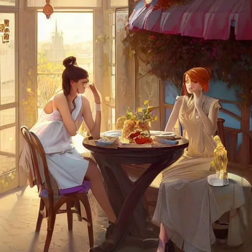 Image similar to a dinner date with the girl next door, slice of life, modern, realistic,!! looking at the camera!!, solo, first person pov, enjoying life!!! elegant, highly detailed, digital painting, artstation, concept art, matte, sharp focus, illustration, art by artgerm and greg rutkowski and alphonse mucha