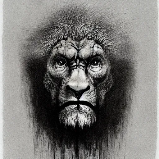 Image similar to creature with with four faces : eagle, bull, man, lion. drawn by zdzislaw beksinski