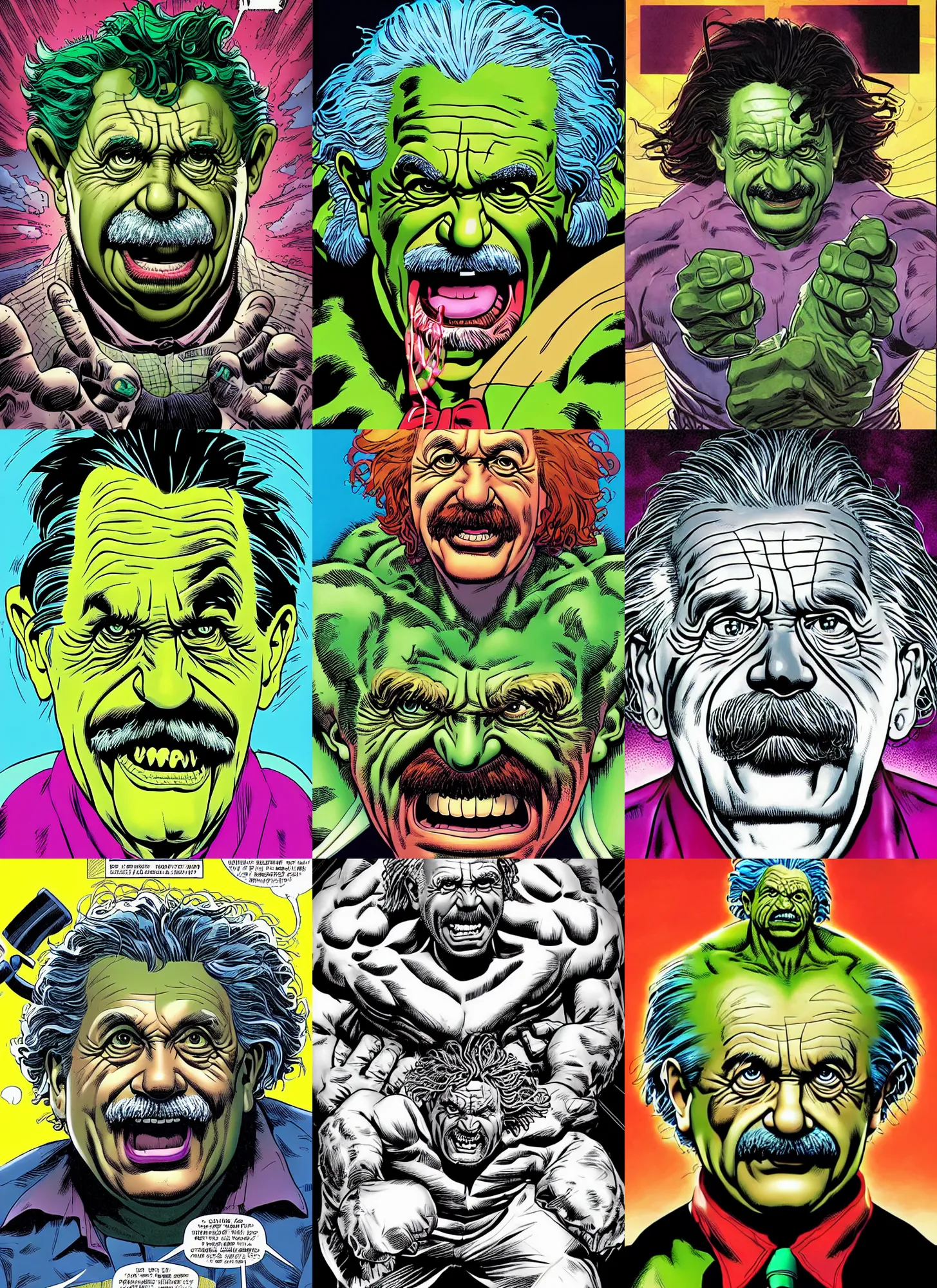 Prompt: dynamic macro head portrait of albert einstein evil hulk scientist by cory walker and ryan ottley and jack kirby and barry windsor - smith, comic, illustration, photo real