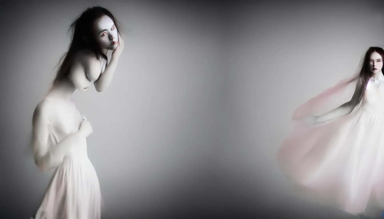 Prompt: photo portrait of a young woman dress in white, fine art photography light painting in style of Paolo Roversi, professional studio lighting, dramatic background lighting, hyper realistic photography,, motion blur 80 mm sigma art