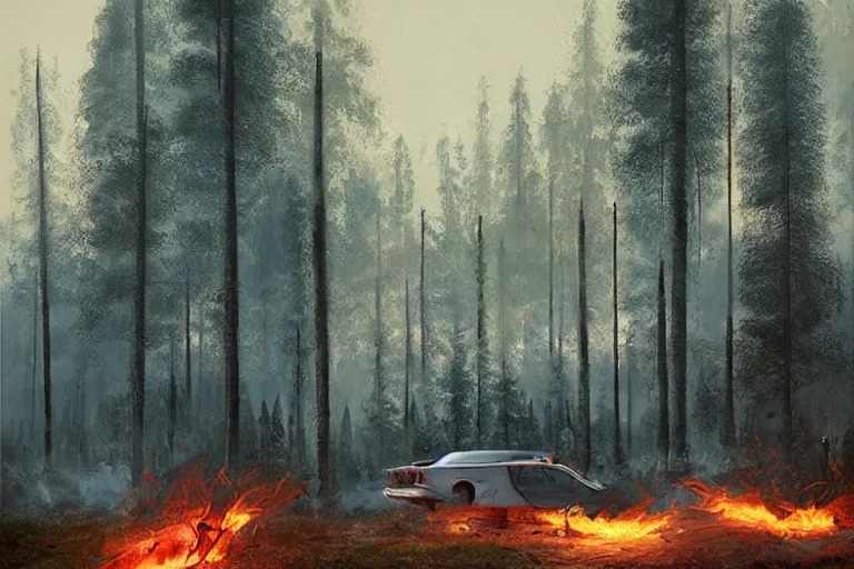 Image similar to burning car driving through a beautiful swedish forest, highly detailed, hyperrealistic, very sharp focus, intricate, soft lighting, dramatic, digital painting by simon stålenhag